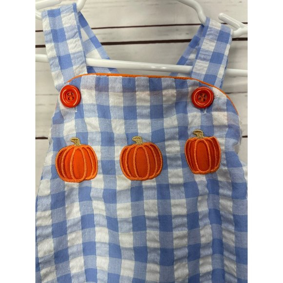 Antlers & Acorns Designs Blue and White Plaid Orange Pumpkin Snap Bottom Infant - Picture 4 of 9